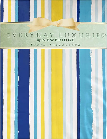 Newbridge Sun Wave Beach Stripe Flannel Back Vinyl Tablecloth - Navy, Yellow, White and Blue Wavy Striped Vinyl Indoor/Outdoor Waterproof, Patio, BBQ Tablecloth, 60 Inch x 84 Inch Oval