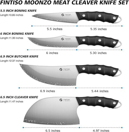FINTISO Hand Forged Viking Knife Set, 4 PCS Kitchen Knives with Butcher Knife, Serbian Chef Knife & 2 Boning Knives, 5-Layer High Carbon Steel, Full Tang G10 Handle for Kitchen, BBQ & Camping