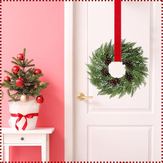 8 Pcs Small Christmas Norfolk Wreaths 15 Inch Christmas Kitchen Cabinet Mini Wreath with Bow Ribbon Cedar Berry for Xmas Front Door Window Chair Fireplace Table Pillar Farmhouse