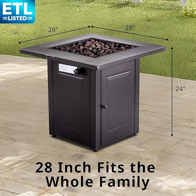 Hexago 28 Inch Propane Fire Pit, ETL Listed Outdoor Fire Pit Table, 50,000 BTU Steel Gas Fire Pits with Lid and Lava Rock, Add Warmth and Ambience to Parties On Patio Deck Garden, Mocha