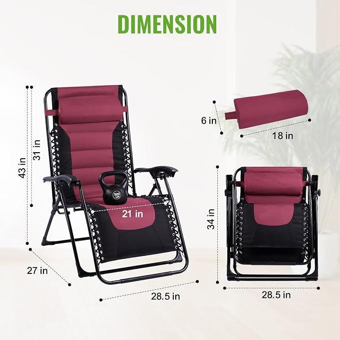 Backyard Expressions Deluxe XL Padded Recliner Zero Gravity Chair – Ergonomic Anti-Gravity Lounger with Folding Design, Side Tray, and Adjustable Headrest