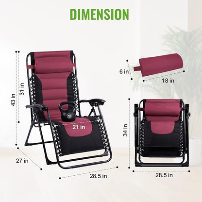 Backyard Expressions Deluxe XL Padded Recliner Zero Gravity Chair – Ergonomic Anti-Gravity Lounger with Folding Design, Side Tray, and Adjustable Headrest