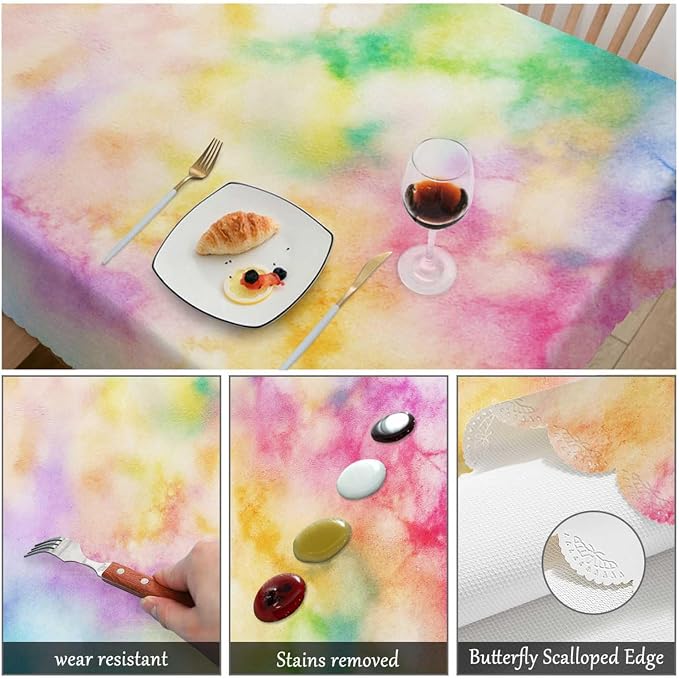 Swono Rectangle Tablecloth Tie Dye Table Cover 52x70 Inch Rainbow Splash Tie Dye Pattern Heavy Duty Table Cloth for Rectangle Tables Decorative Tablecloth for Dining Party Camping BBQ