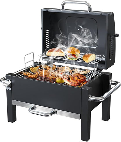 BBQCuker Portable Charcoal Grill with Warming Rack, Tabletop Charcoal Grill, Small BBQ Grill with Thermometer(100-800°F), Outdoor Charcoal Smoker for Camping, Picnic, Hiking, Beach and Travel