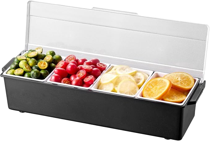 VEVOR Chilled Condiment Server, 4 Compartment Ice Cooled Condiment Serving Container, Chilled Garnish Tray Bar Caddy with Lid, for Bartending & Serving Taco, Salad, Fruit, Home & Restaurant Supplies