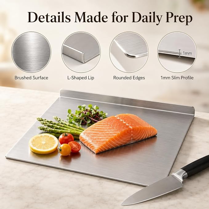 3-Piece Stainless Steel Cutting Board Set, L-Shape Lip for Dough & Meat | 3 stainless steel boards with L-shaped lip, brushed surface, 3 sizes for meat, veggies, dough & dishwasher cleanup.