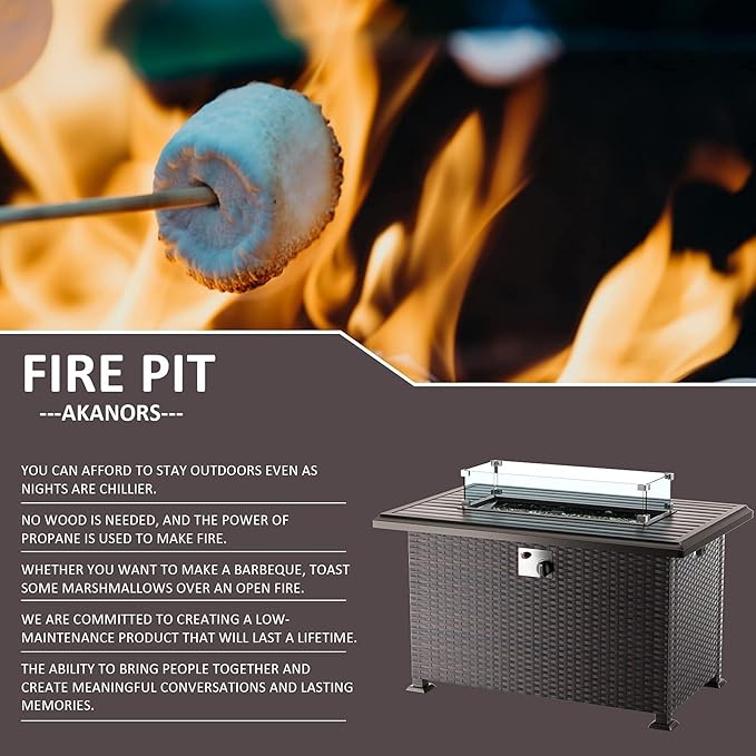 43" Propane Fire Pit Table,55000 BTU Wicker Firepit,Outdoor Fire Pit with Fire Glass,Lid,Waterproof Cover and Blue Glass Stone for Backyard,Garden,Patio