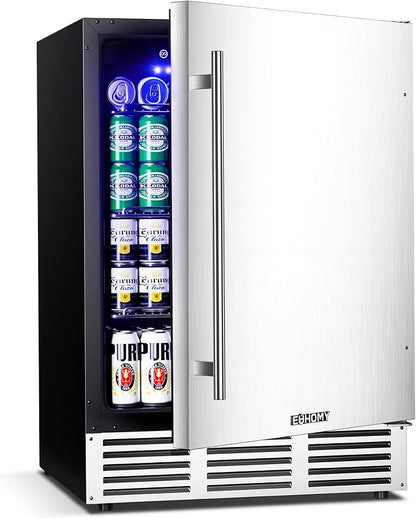 EUHOMY 24 Inch Beverage Refrigerator, Undercounter Beverage Fridge 180 Can with Stainless Steel Door for Home Patio, Beverage Cooler Built-in or Freestanding, outdoor refrigerator for Soda Beer Wine