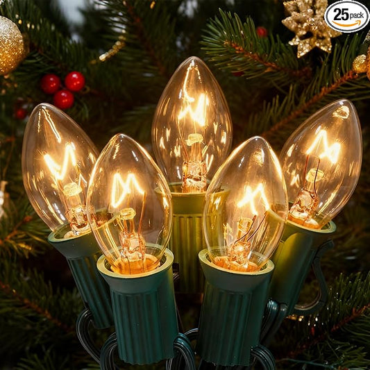 C7 Clear Christmas String Lights, 26Ft Vintage Christmas Decoration with 27 5W Clear Glass Incandescent Bulbs, Hanging Outdoor String Lights for Holiday Party Patio Roofline Wedding Xmas Decor