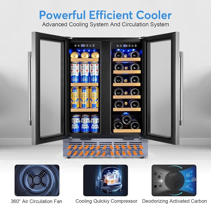 24" Dual Zone Wine and Beverage Refrigerator, Under Counter with Glass Door | 18-Bottle 88-Can capacity, Fast cooling, LED blue light, Temp control, Energy efficient compressor, Freestanding or built-in