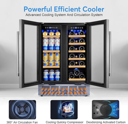 24" Dual Zone Wine and Beverage Refrigerator, Under Counter with Glass Door | 18-Bottle 88-Can capacity, Fast cooling, LED blue light, Temp control, Energy efficient compressor, Freestanding or built-in