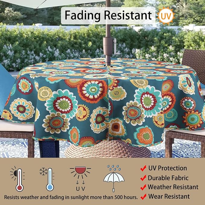 Magpie Fabrics 60" Round Tablecloth with Umbrella Hole and Zipper, Washable Waterproof Wrinkle Free Zippered Patio Table Cloths Table Covers for Spring, Party, Backyard, Picnic, BBQS (Floral Green)