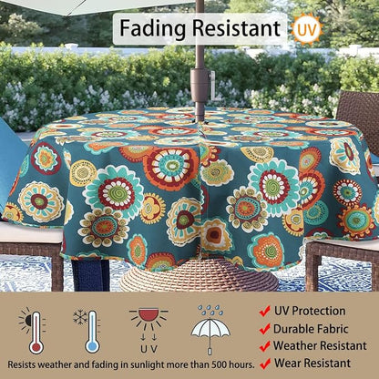 Magpie Fabrics 60" Round Tablecloth with Umbrella Hole and Zipper, Washable Waterproof Wrinkle Free Zippered Patio Table Cloths Table Covers for Spring, Party, Backyard, Picnic, BBQS (Floral Green)