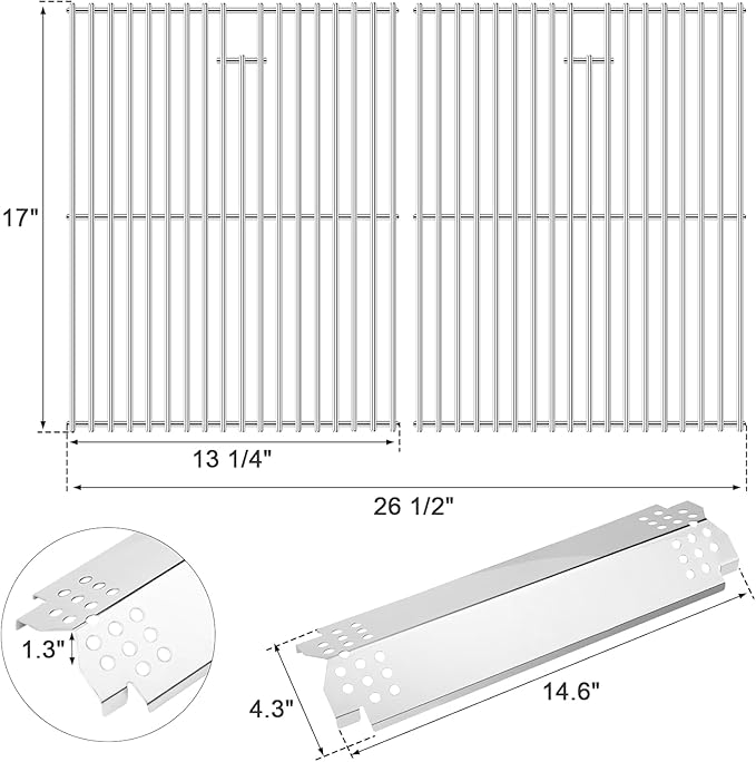 Uniflasy Parts for Nexgrill 720-0830H, 720-0888/720-0888N, Cuisinart CGG-7400 – 17" Stainless Steel Cooking Grates (2 Pack) + Heat Plates/Flame Tamers (5 Pack) for Nexgrill Replacement Parts
