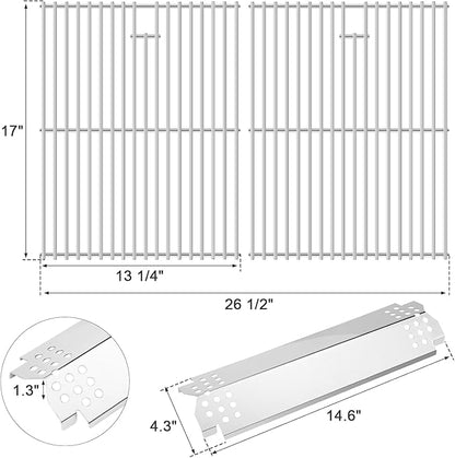 Uniflasy Parts for Nexgrill 720-0830H, 720-0888/720-0888N, Cuisinart CGG-7400 – 17" Stainless Steel Cooking Grates (2 Pack) + Heat Plates/Flame Tamers (5 Pack) for Nexgrill Replacement Parts