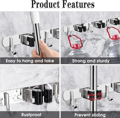 AceMining Broom Holder Wall Mount, 3 Racks 4 Hooks Heavy Duty Mop Organizer | Mop Holder Wall Mount and Broom Hanger for Garage, Laundry Room, Kitchen and Utility Storage