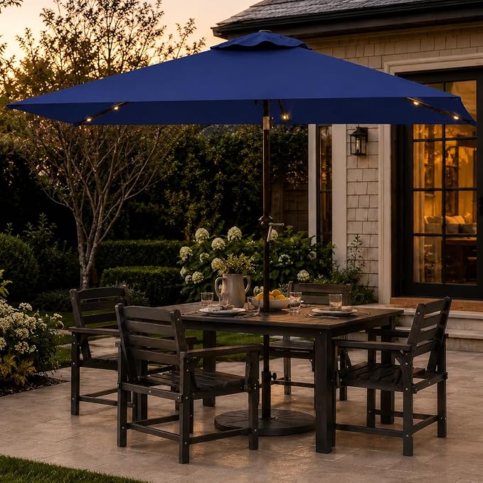 6.5 x 10ft Rectangular Patio Umbrella with Solar Lights, 16 LED Lighted Market Umbrella with Push-Button Tilt and Crank, 6 Sturdy Iron Ribs for Garden, Deck, Pool, Navy Blue