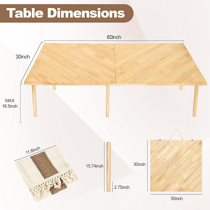 Folding Picnic Table 60x30, Low Floor Table for 6-8 | Portable fold-flat wood table with adjustable height, boho runner, mortise-tenon joints for beach, camping, parties
