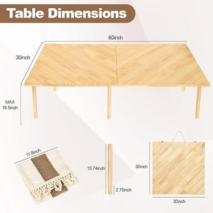 Folding Picnic Table 60x30, Low Floor Table for 6-8 | Portable fold-flat wood table with adjustable height, boho runner, mortise-tenon joints for beach, camping, parties