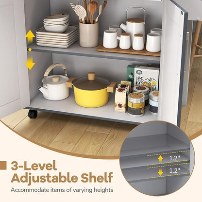COSTWAY Kitchen Island On Wheels, Rolling Storage Trolley Cart | with Large Cabinet, Drawer, Spice Rack and Towel Rack, Kitchen Serving Utility, 3-Position Adjustable Shelf (Grey)