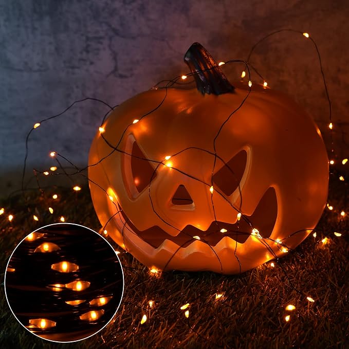 Joomer Orange Halloween Solar String Lights - 2 Pack Total 80FT 240LED | Solar Fairy Lights, Waterproof Outdoor Twinkle Lights with 8 Modes for Garden, Porch, Trees, Halloween Decor (Black Wire)