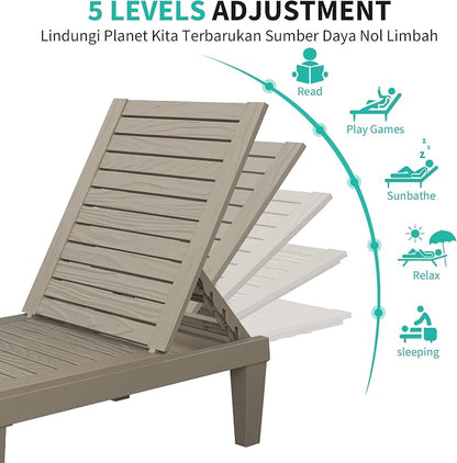 Outdoor Chaise Lounge Chair Set of 2, 5-Position Adjustable Tanning Lounge Chair, All-Weather Resin Patio Lounge Chair for Pool, Beach, Garden (Grey)
