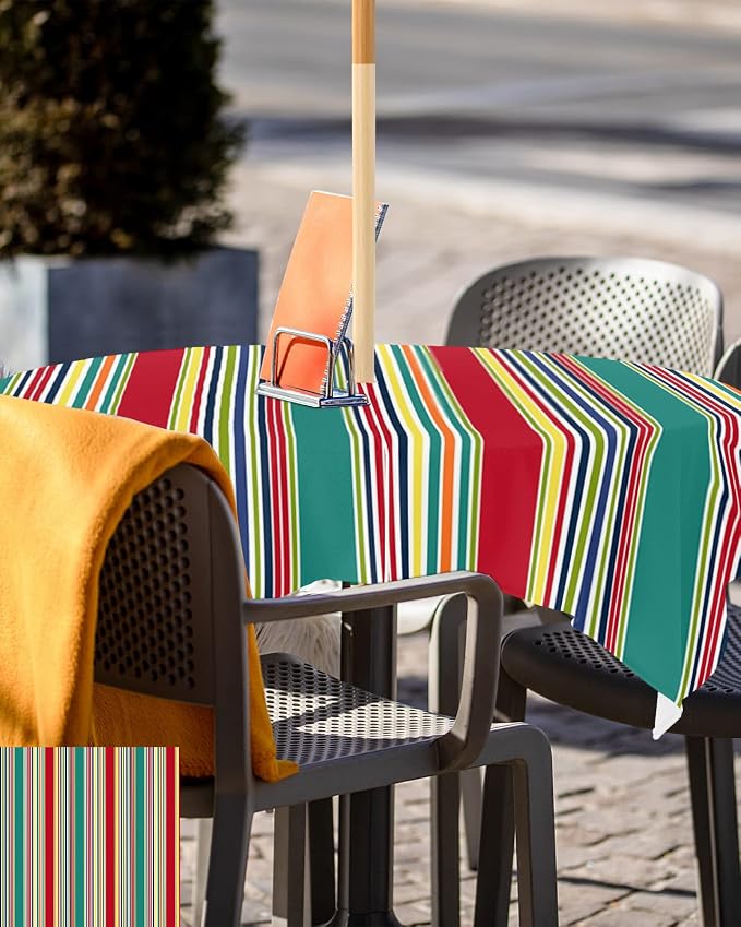 Green Red Striped Outdoor Tablecloth - 54x54 Inch Square Dining Table Cover, Farmhouse Colorful Stripes Waterproof Outdoor Table Cloth with Umbrella Hole & Zipper for Picnic/Patio/Party