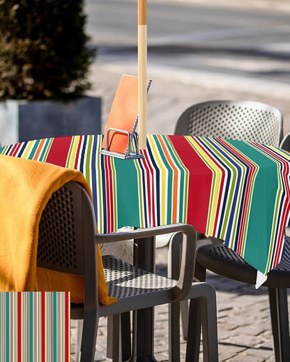 Green Red Striped Outdoor Tablecloth - 54x54 Inch Square Dining Table Cover, Farmhouse Colorful Stripes Waterproof Outdoor Table Cloth with Umbrella Hole & Zipper for Picnic/Patio/Party