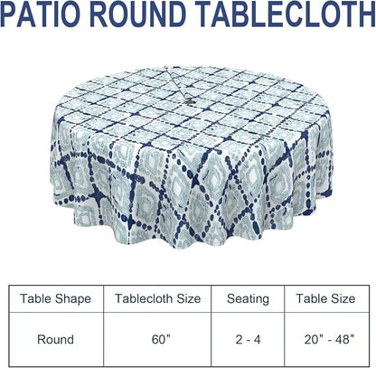 Outdoor/Indoor Round Tablecloth with Umbrella Hole Zipper, Decorative Circular Table Cover for Home Garden, 60 Inch, Boho Geometry Blue