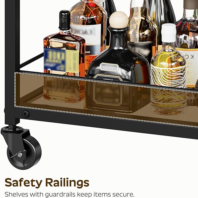 Bar Cart, 3-Tier Home Bar Serving Cart with Wheels, Drink Cart with Glass Holder, Beverage Cart, Rolling Kitchen Cart, for Home, Living Room, Transparent and Black BC03BK