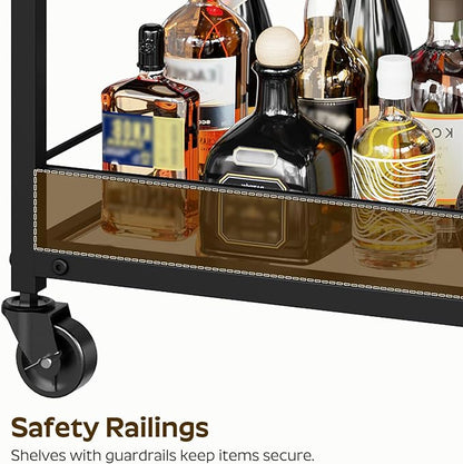 Bar Cart, 3-Tier Home Bar Serving Cart with Wheels, Drink Cart with Glass Holder, Beverage Cart, Rolling Kitchen Cart, for Home, Living Room, Transparent and Black BC03BK