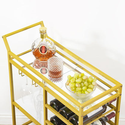 MAHANCRIS Bar Cart for Home, 3-Tier Serving Cart with Mirrored Top, Beverage Cart with Wine Rack and Glass Holder, Drink Cart with Wheels, for Dining Room, Living Room, Gold and White RCJM7101