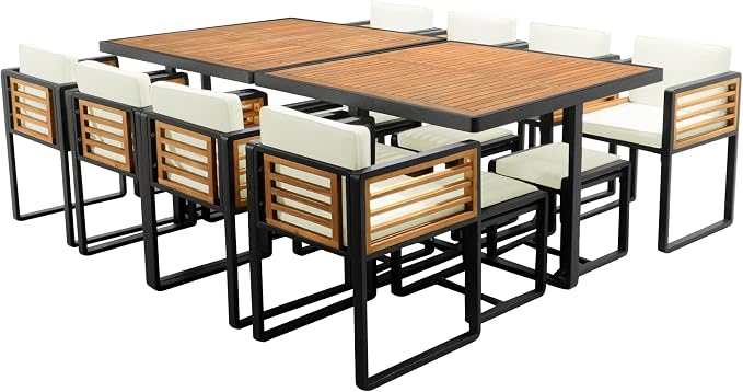 Merax 18-Piece Patio Dining Set for 16 People, Acacia Wood Outdoor Furniture Sets with 2 Square Tables, 8 Cushioned Chairs and 8 Ottomans for Backyard,Garden,Lawn,Poolside, Space Saving Design, Beige