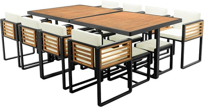 Merax 18-Piece Patio Dining Set for 16 People, Acacia Wood Outdoor Furniture Sets with 2 Square Tables, 8 Cushioned Chairs and 8 Ottomans for Backyard,Garden,Lawn,Poolside, Space Saving Design, Beige