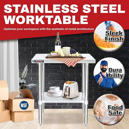 DuraSteel 30x18 Stainless Steel Work Table - NSF Commercial Prep Metal Table - Outdoor Pizza Oven Stand w/Under Shelf - Kitchen Island Laundry Utility Garage Microwave Stand Large Rolling Storage Cart