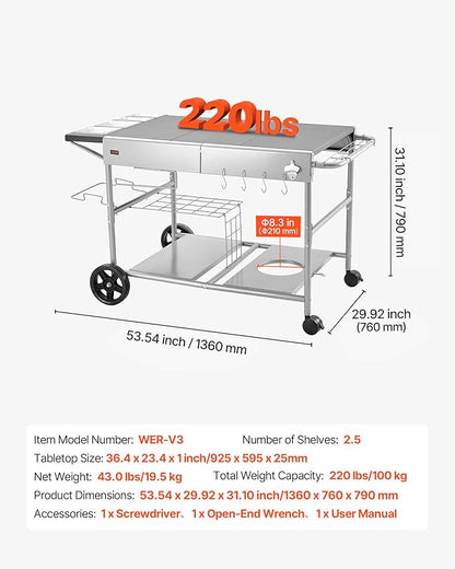VEVOR Outdoor Grill Cart, 36.4 x 23.4 x 1 inch Tabletop Size Grilling Table, Movable Outdoor Cooking Table with 4 Spice Containers, Wheels, Lids, Hooks, BBQ Prep Tables for Picnic, Kitchen, Courtyard