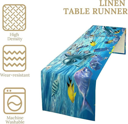 Under Sea World Table Runner, Ocean Underwater Tropical Animal Fish Dolphin Summer Pattern for Family Dinner Holiday Party Kitchen Vintage Nautical World Map Underwater Ocean Animals 13x90In