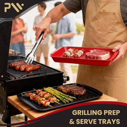 Grill Prep Trays Set of 2, Grill Tray for BBQ Meat Prep, Marinating & Serving, Large Melamine Grilling Prep and Serve Trays with Deep Raised Edges, Outdoor Grill Serving Tray, BPA Free