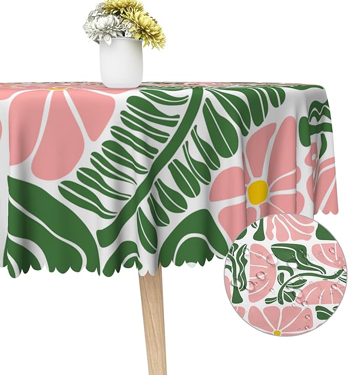Green Pink Abstract Flowers Round Tablecloth Seasonal Paisley Circle Table Cloth Perfect for Spring Home Decor Indoor Outdoor Washable Wrinkle Free Table Cover for Picnic Camping 70x70 Inch