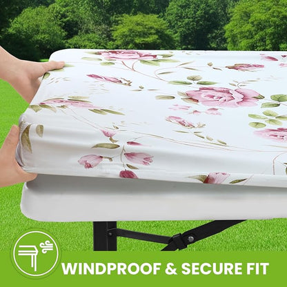 Smiry Spandex Fitted Tablecloth for 4 Foot Rectangle Tables, Washable Picnic Table Cover with Elastic, Stretch Reusable Table Cloth for Outdoor, Camping, Dining & Kitchen (Flowers, 30"x48")