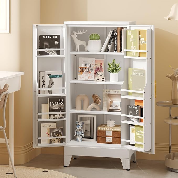 White Pantry Storage Cabinet, 48" Kitchen Pantry with Doors and 3 Adjustable Shelves, Metal Freestanding Buffet Cupboards Sideboard, for Office, Home, Garage, School