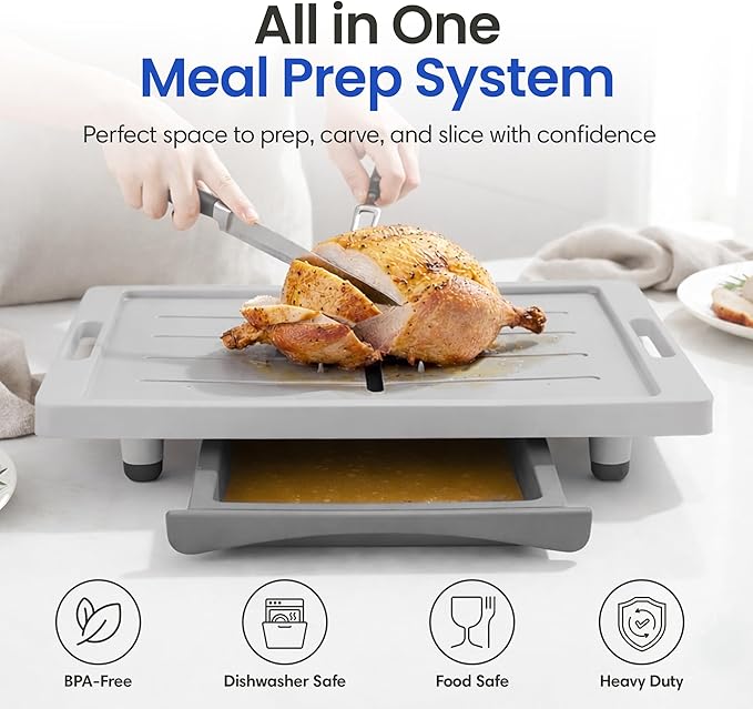 Large Cutting Board - XL Deluxe Meal Prep System with Meat Thermometer, Juice Groove, Spikes, Drip Tray & Removable BPA Free Cutting Board - Patented Multi-Feature Design Carving Board - Kitchen Gifts