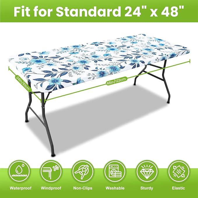 Smiry Spandex Fitted Tablecloth for 4 Foot Rectangle Tables, Washable Picnic Table Cover with Elastic, Stretch Reusable Table Cloth for Outdoor, Camping, Dining & Kitchen (Blue Flower, 24"x48")