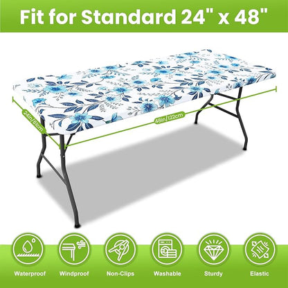 Smiry Spandex Fitted Tablecloth for 4 Foot Rectangle Tables, Washable Picnic Table Cover with Elastic, Stretch Reusable Table Cloth for Outdoor, Camping, Dining & Kitchen (Blue Flower, 24"x48")