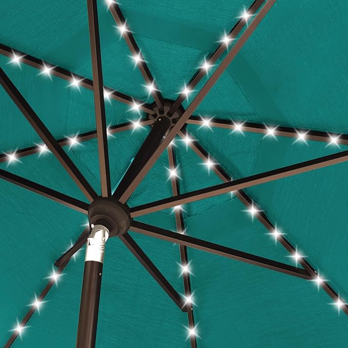 EliteShade USA 10-Year-Non-Fading 10ft Market Patio Umbrella, Commercial Grade Table Sun Umbrella with 80 Solar LED Lights, Crank Open, Windproof & UPF 50+ UV Protection for Garden, Deck, Pool, Backyard, Teal