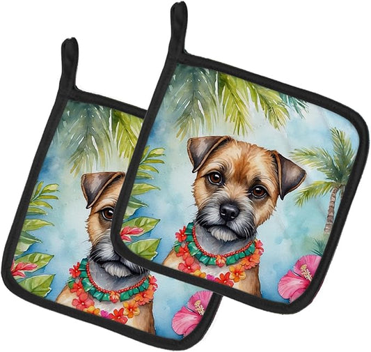 Caroline's Treasures Border Terrier Luau Pair of Pot Holders Kitchen Heat Resistant Pot Holders Sets Oven Hot Pads for Cooking Baking BBQ, 7 1/2 x 7 1/2