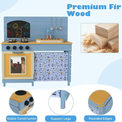 INFANS Mud Kitchen, Wood Pretend Play Kitchen with Running Water Removable Sand Sink Cover Cloth Faucet Chalkboard Stoves Toddle