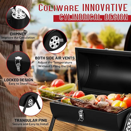 Coliware Portable Outdoor Tabletop Charcoal Grill, Multi-Functional Food-Safe Barbecue Smoker for Backyard Camping Picnics Beach, Compact & Heavy Duty