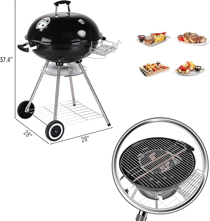 28" Portable Charcoal Grill with Wheels, Thermometer and Storage Holder, Round Barbecue Grills Steel BBQ Grill for Garden Party Picnic Hiking Travel Backyard Cooking, Asadores de Carbon (Black)