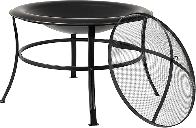 30" Outdoor Wood Burning Fire Pit, Round Steel Fire Bowl with Spark Screen, Log Grate, Lift Tool, for Patio, Backyard, Camping, Bonfire